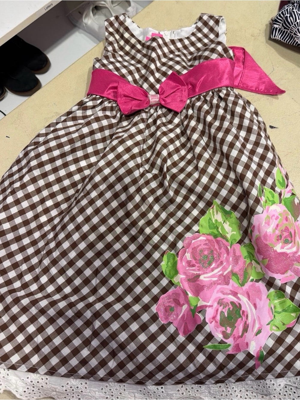 Pinky Brown Gingham Dress with Hot Pink Bow and Floral Accent